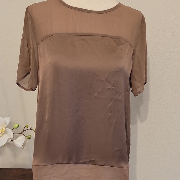 DR2 Tops - DR2 Brown Short Sleeve Blouse with Elegant Sheer Neckline